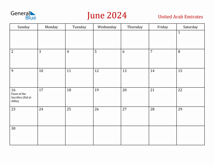 United Arab Emirates June 2024 Calendar - Sunday Start