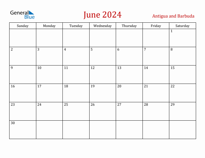 Antigua and Barbuda June 2024 Calendar - Sunday Start