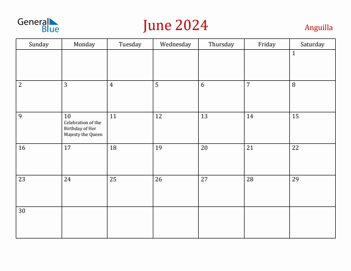 Anguilla June 2024 Calendar - Sunday Start