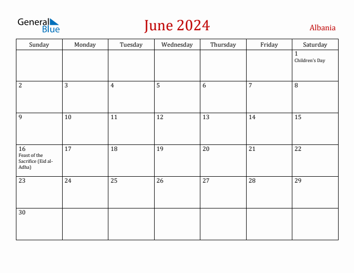 Albania June 2024 Calendar - Sunday Start