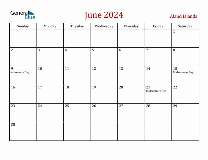 Aland Islands June 2024 Calendar - Sunday Start