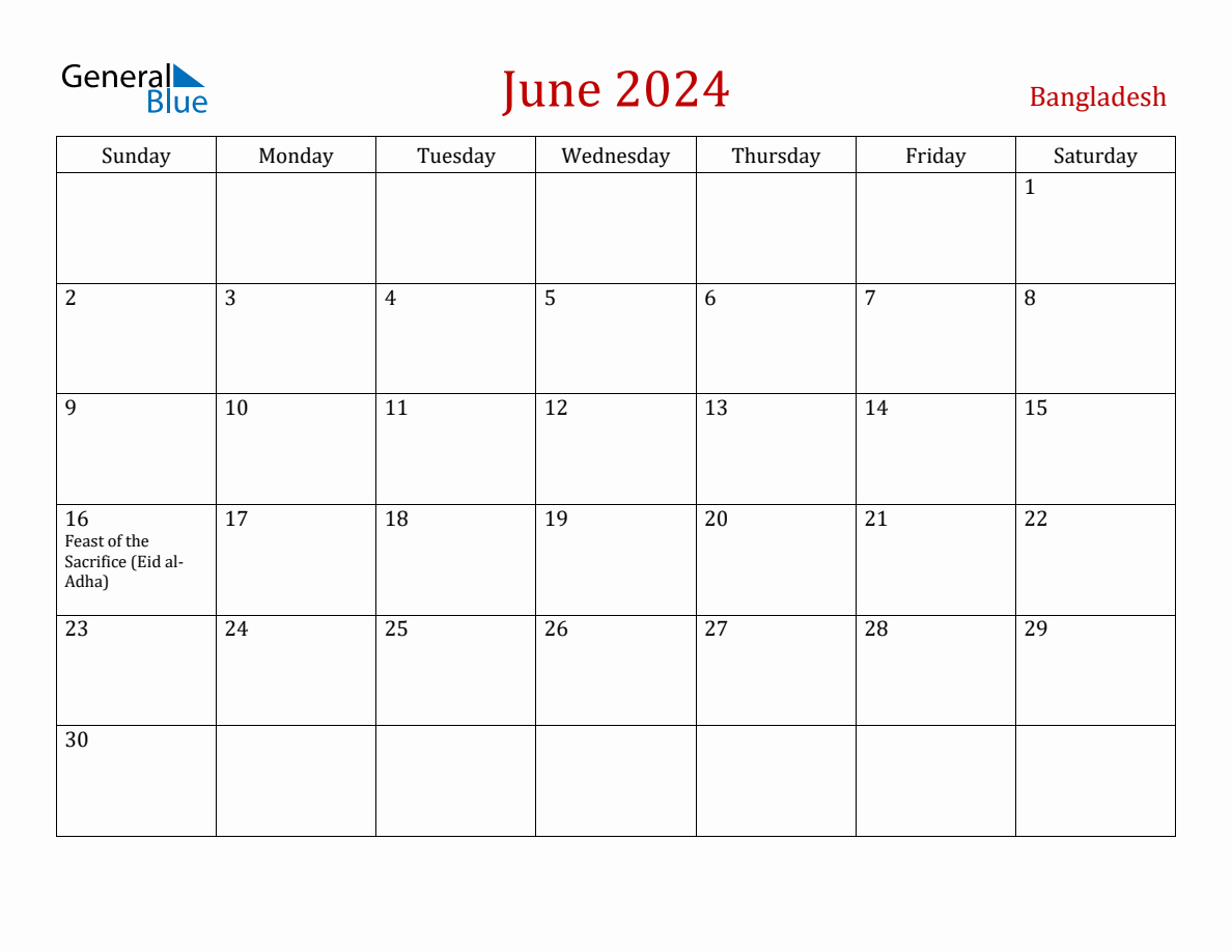 June 2024 Bangladesh Monthly Calendar with Holidays