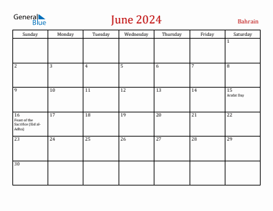 Current month calendar with Bahrain holidays for June 2024