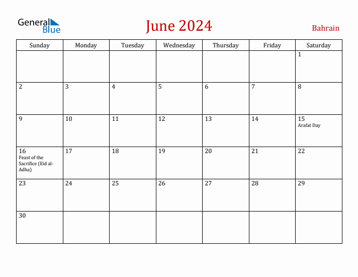Bahrain June 2024 Calendar - Sunday Start