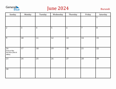 Current month calendar with Burundi holidays for June 2024