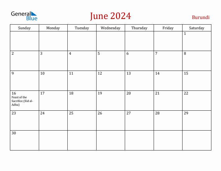 Burundi June 2024 Calendar - Sunday Start