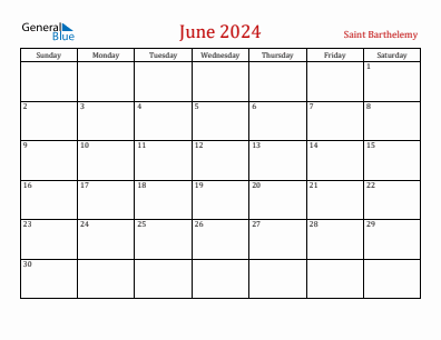 Current month calendar with Saint Barthelemy holidays for June 2024