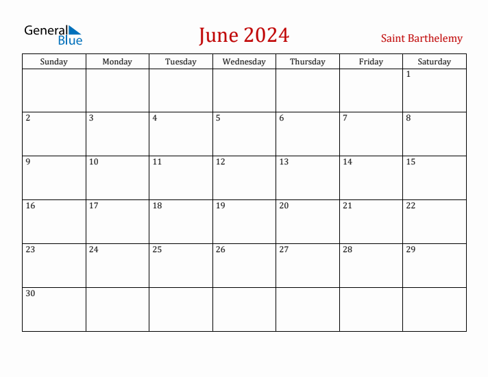 Saint Barthelemy June 2024 Calendar - Sunday Start