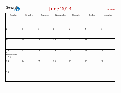 Current month calendar with Brunei holidays for June 2024