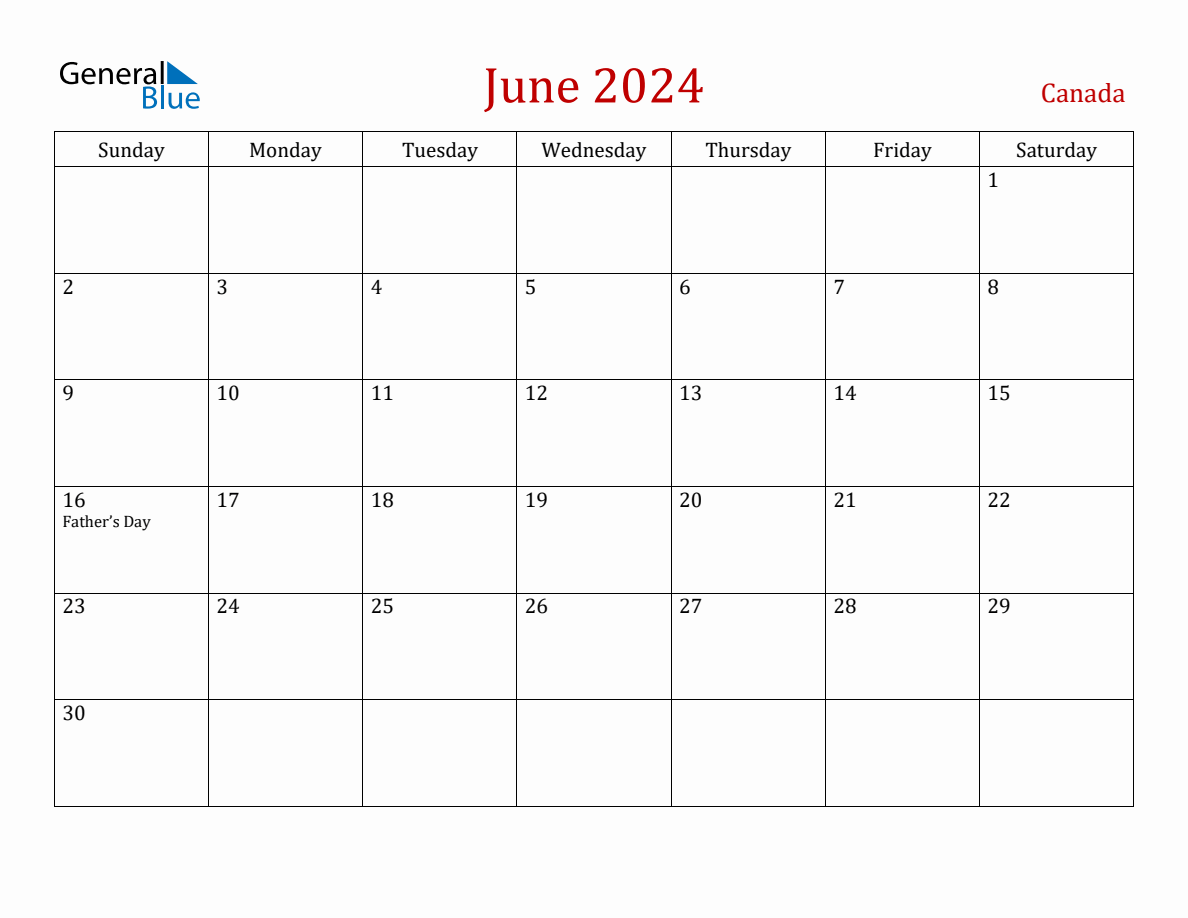 June 2024 Canada Monthly Calendar with Holidays