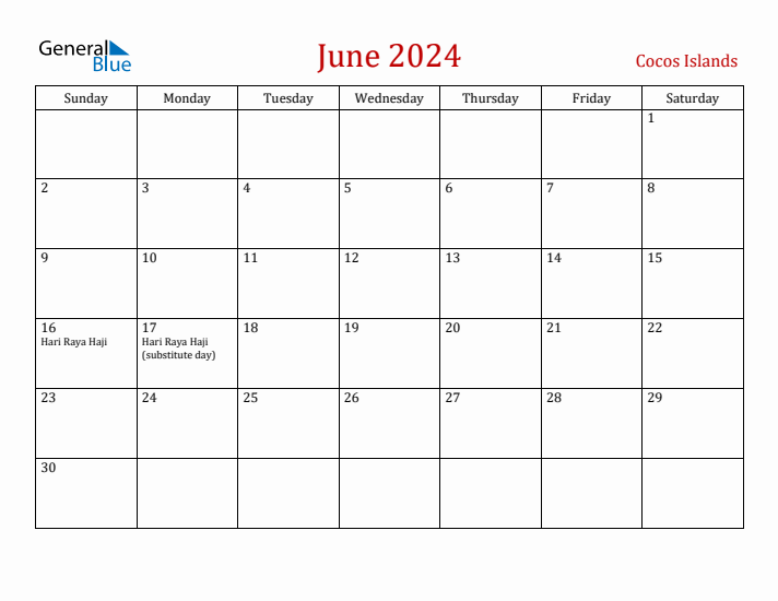 Cocos Islands June 2024 Calendar - Sunday Start
