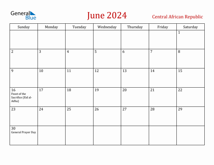 Central African Republic June 2024 Calendar - Sunday Start