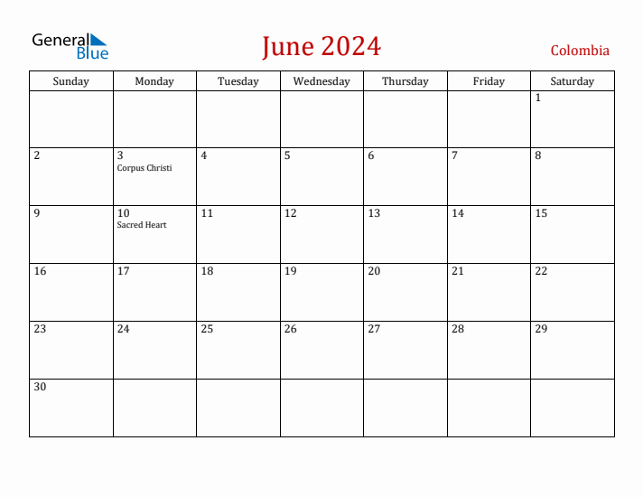 Colombia June 2024 Calendar - Sunday Start