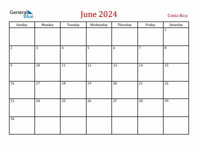 Current month calendar with Costa Rica holidays for June 2024