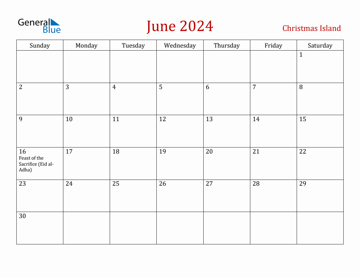 June 2024 Christmas Island Monthly Calendar with Holidays