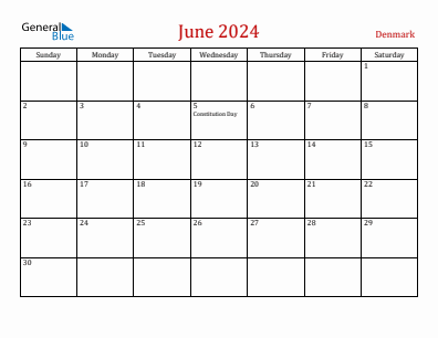 Current month calendar with Denmark holidays for June 2024