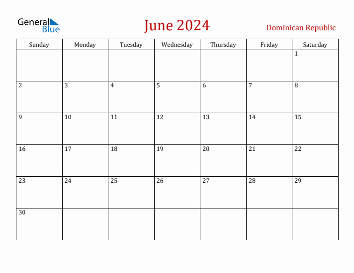 Dominican Republic June 2024 Calendar - Sunday Start