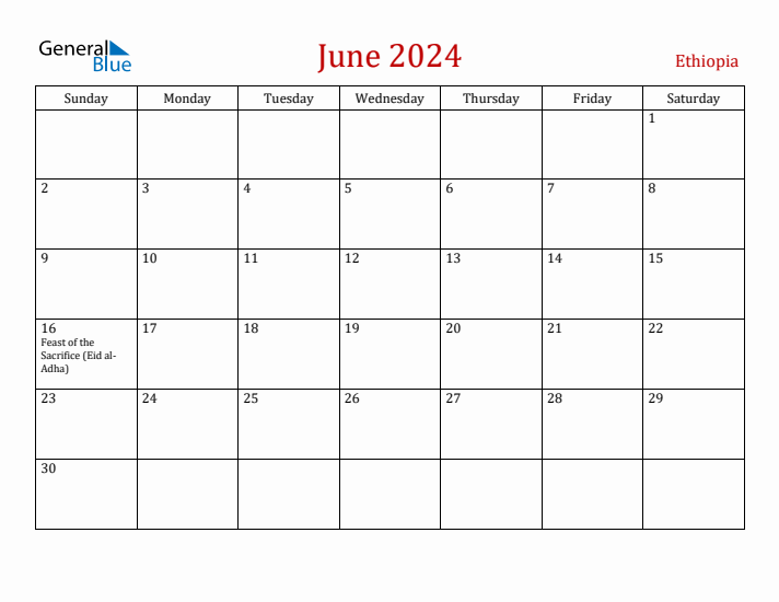 Ethiopia June 2024 Calendar - Sunday Start