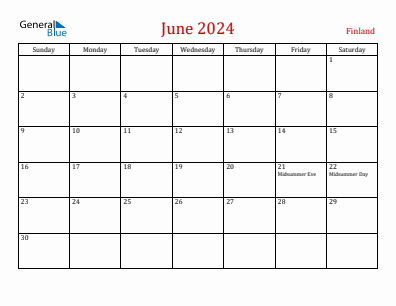 Current month calendar with Finland holidays for June 2024