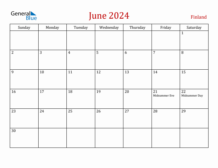 Finland June 2024 Calendar - Sunday Start
