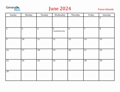 Current month calendar with Faroe Islands holidays for June 2024