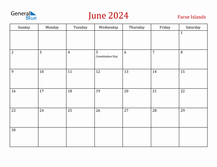 Faroe Islands June 2024 Calendar - Sunday Start