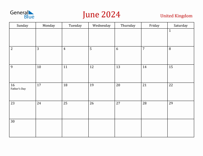 June 2024 Monthly Calendar with United Kingdom Holidays