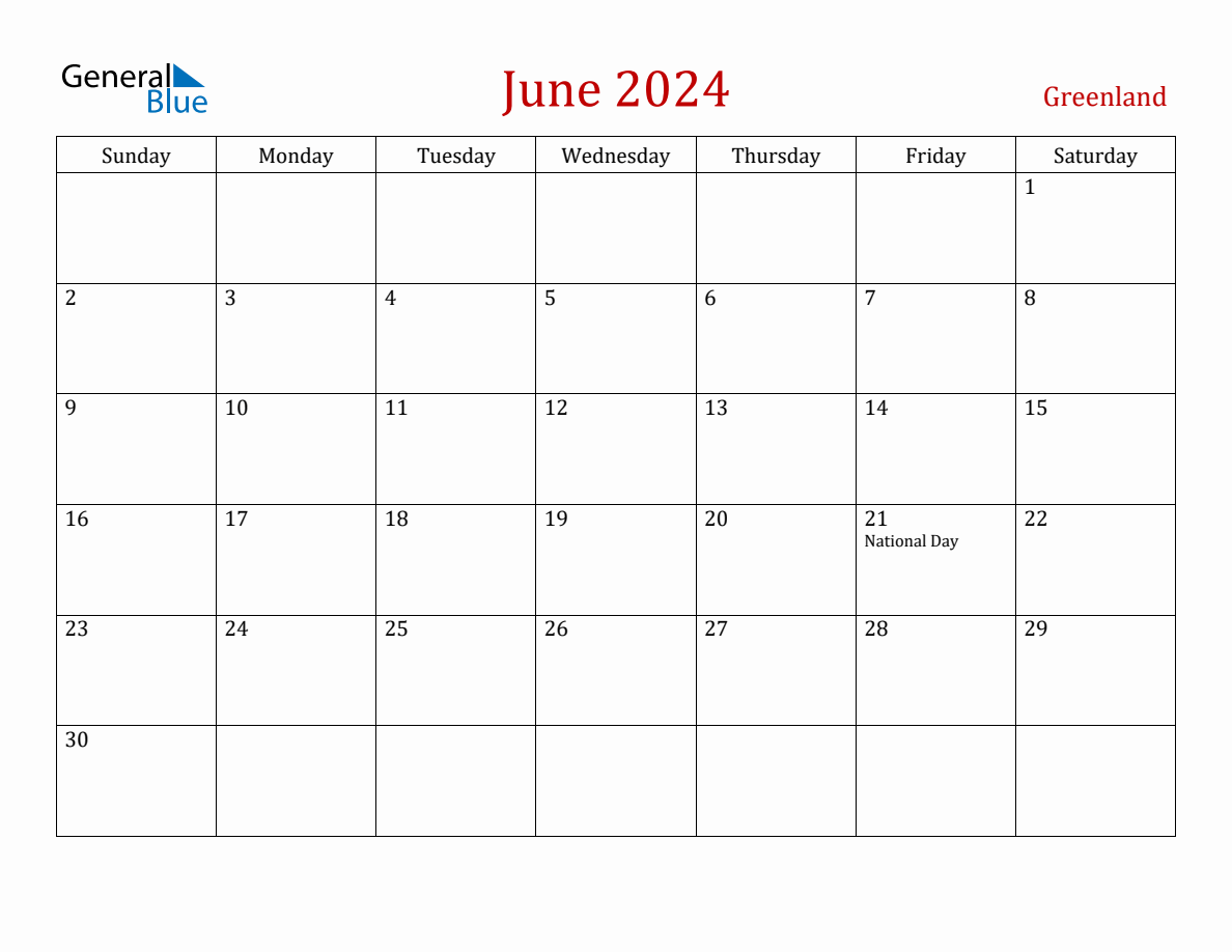 June 2024 Greenland Monthly Calendar with Holidays