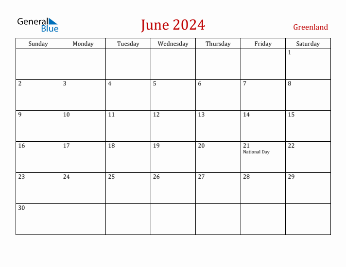 Greenland June 2024 Calendar - Sunday Start