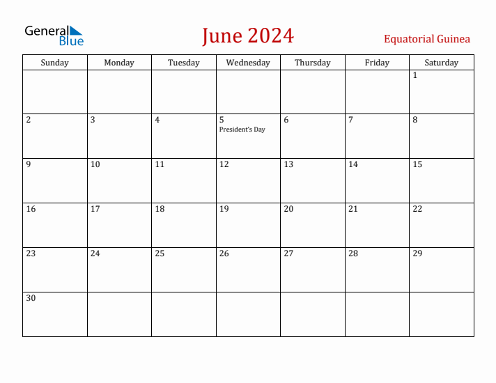 Equatorial Guinea June 2024 Calendar - Sunday Start