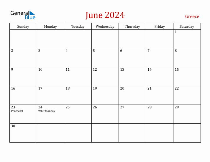 Greece June 2024 Calendar - Sunday Start