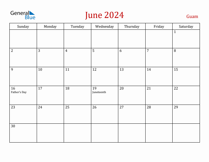 Guam June 2024 Calendar - Sunday Start