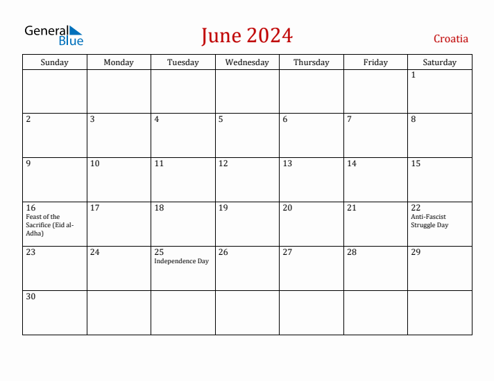 Croatia June 2024 Calendar - Sunday Start