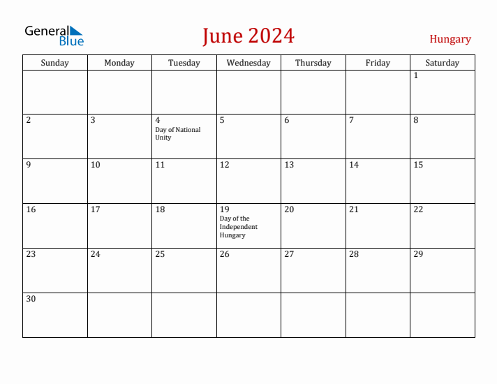 Hungary June 2024 Calendar - Sunday Start