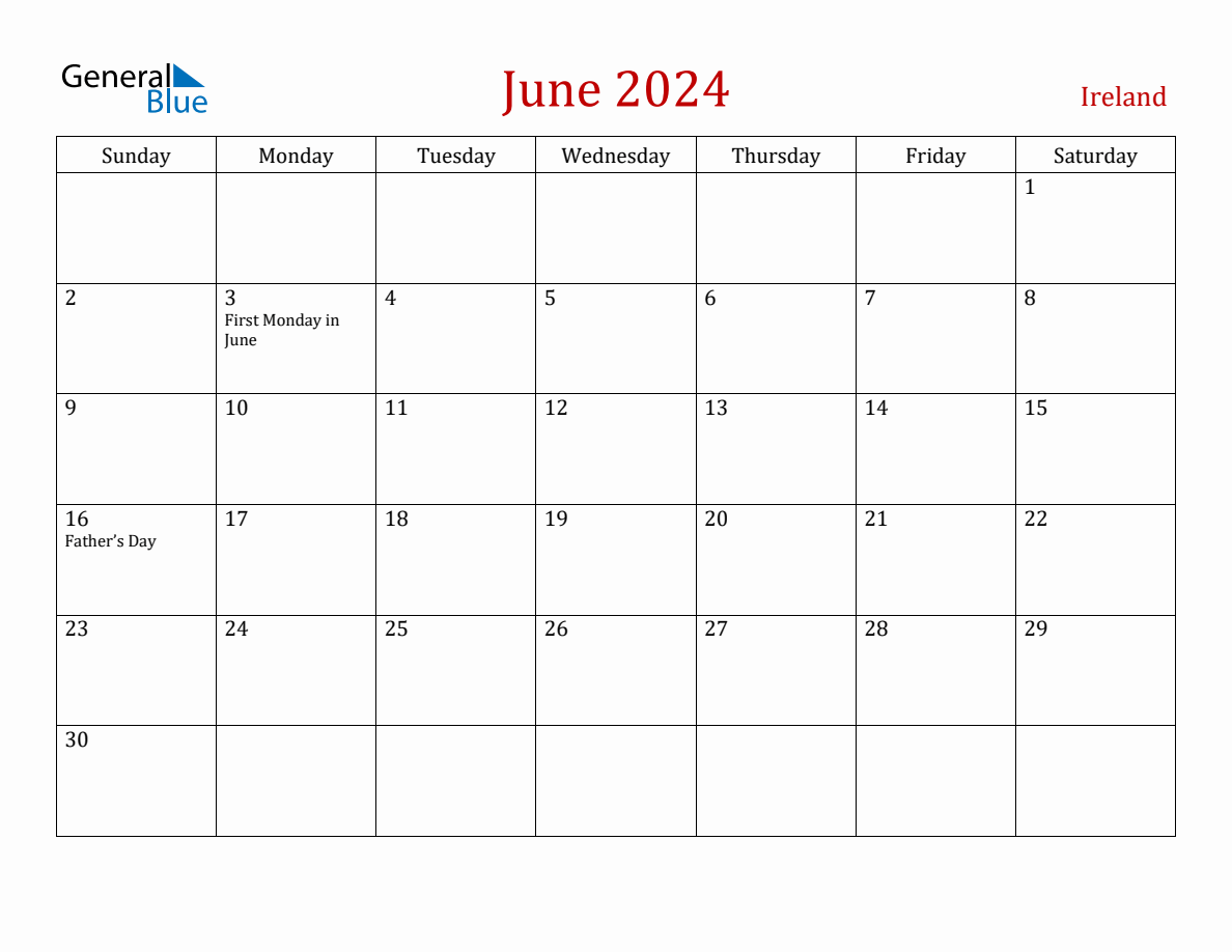 June 2024 Ireland Monthly Calendar with Holidays