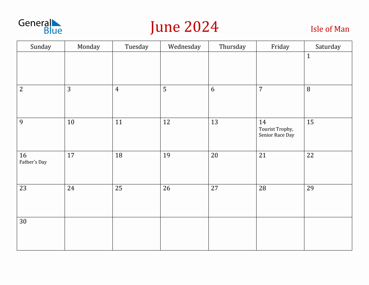 June 2024 Isle of Man Monthly Calendar with Holidays