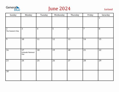Current month calendar with Iceland holidays for June 2024