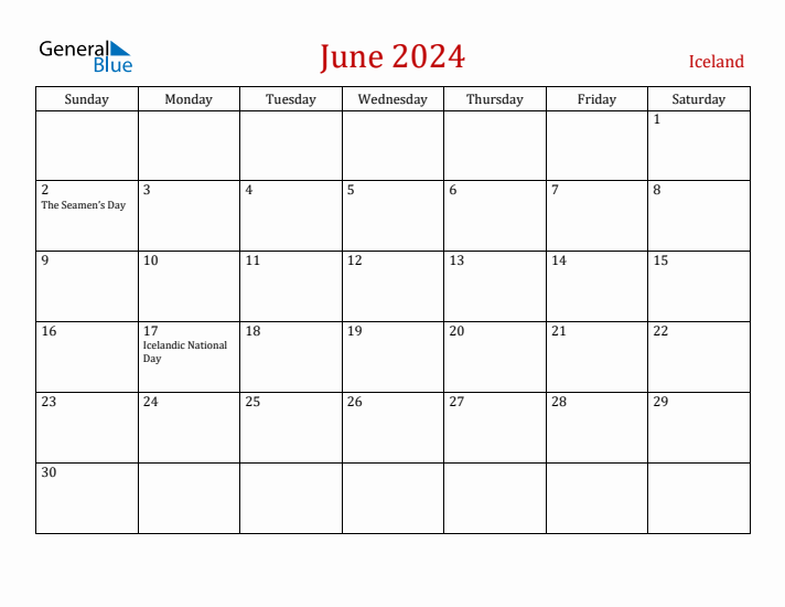 June 2024 Monthly Calendar with Iceland Holidays