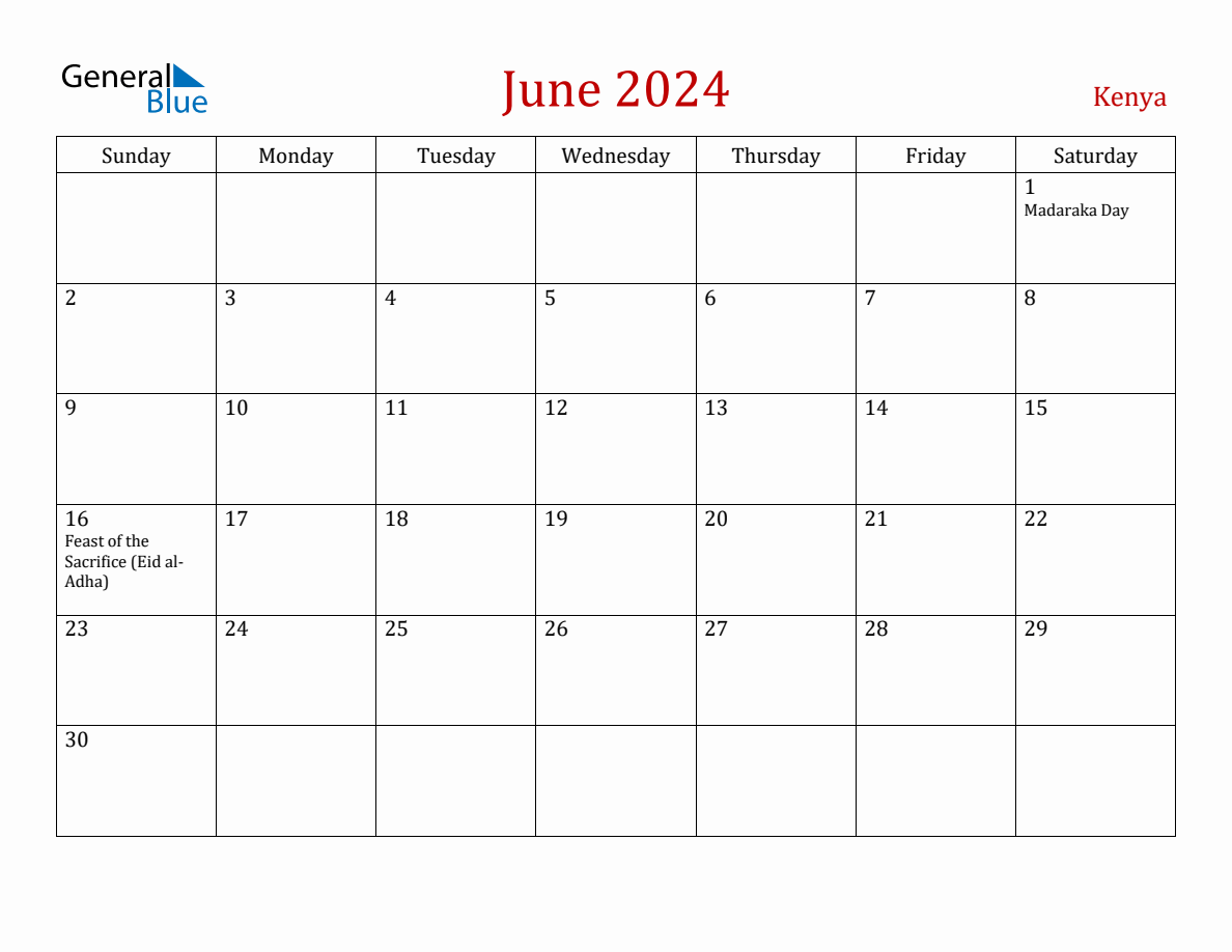 June 2024 Kenya Monthly Calendar with Holidays