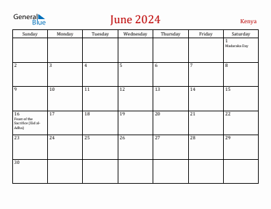 Current month calendar with Kenya holidays for June 2024