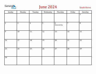 Current month calendar with South Korea holidays for June 2024