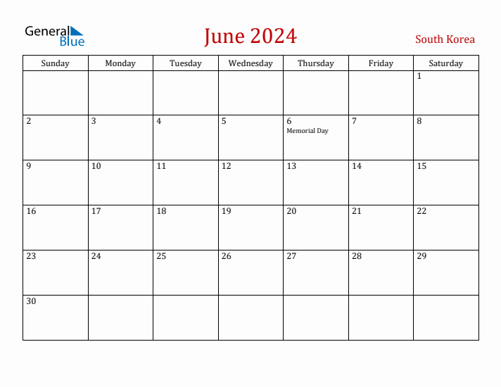 South Korea June 2024 Calendar - Sunday Start