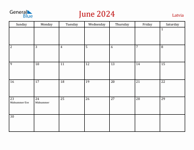 Current month calendar with Latvia holidays for June 2024