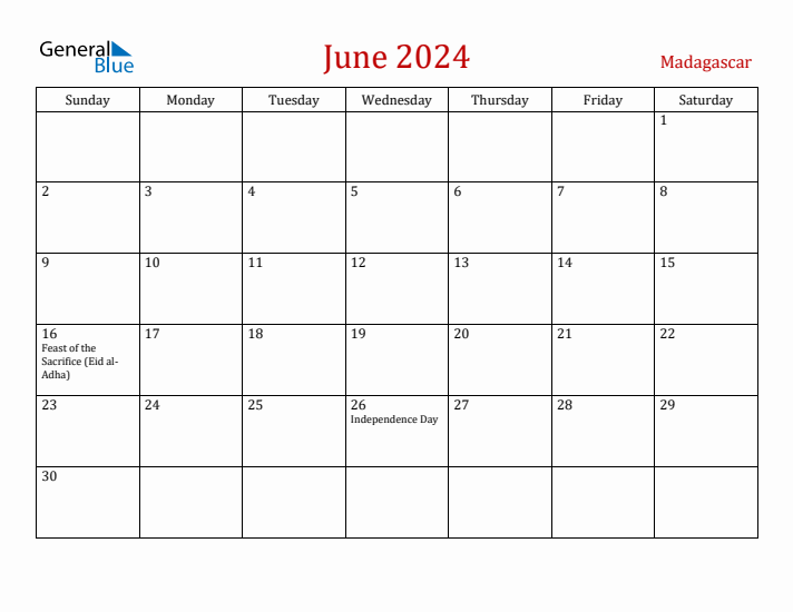 Madagascar June 2024 Calendar - Sunday Start