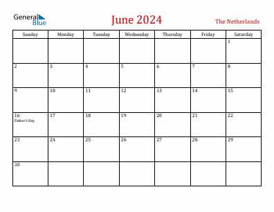 Current month calendar with The Netherlands holidays for June 2024