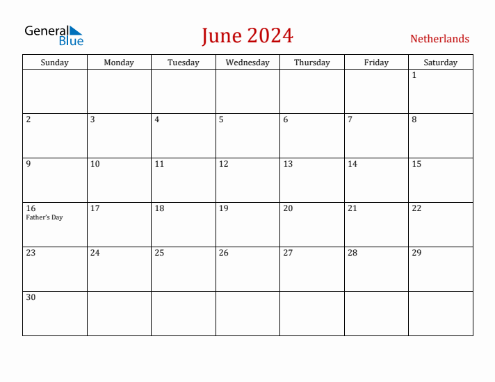 The Netherlands June 2024 Calendar - Sunday Start