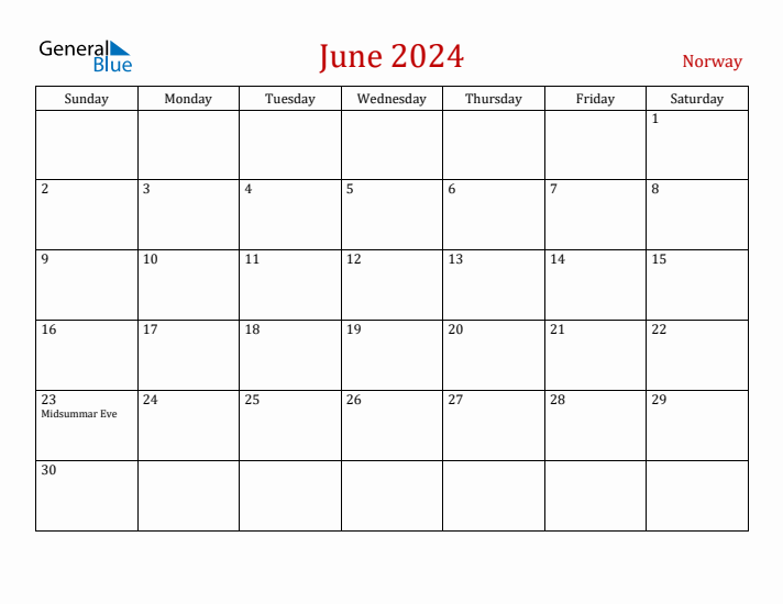 Norway June 2024 Calendar - Sunday Start