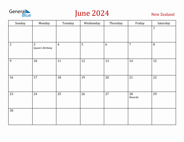 New Zealand June 2024 Calendar - Sunday Start