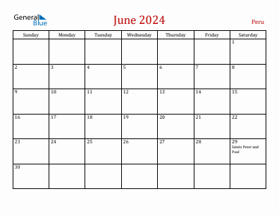 Current month calendar with Peru holidays for June 2024