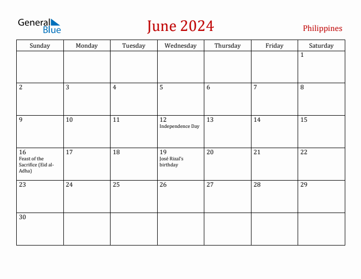 June 2024 Monthly Calendar with Philippines Holidays